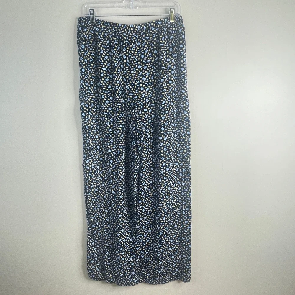Boutique Wide Leg Pants Women Large Blue Ditsy Floral Casual Travel Lounge Comfy